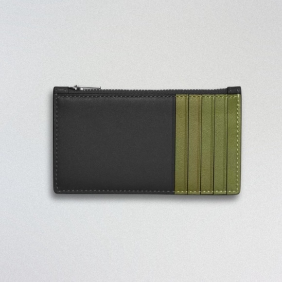 Coach Zip Card Case Wallet Two-Tone Colorblock Calf Leather Black/Olive Green OS - Picture 2 of 12